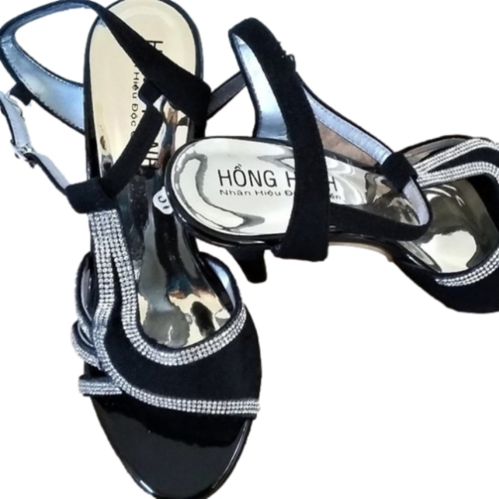 Hong Hanh Elegant Black & Silver Strappy Sandals - New - Picture 1 of 5